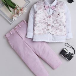 Fourfolds Full Sleeves Solid Shirt With Abstract Printed Waistcoat Trousers & Bow Set - Pink-image-95