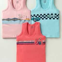 CUCUMBER Sinker Knit Sleeveless Guitar & Car Theme Printed Vests Pack Of 3 - Pink Light Blue & Red-image-56