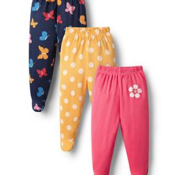 Babyhug Cotton Knit Footed Bootie Leggings With Floral Polka Dots & Butterfly Print Pack Of 3 - Navy Blue Yellow & Dark Pink-image-84