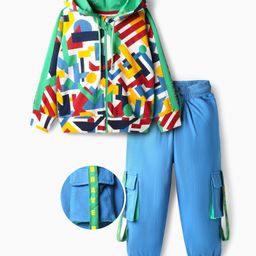 OLLINGTON ST. Looper Cotton Knit Full Sleeves Hooded Sweatshirts & Joggers with Geometric Print - Multicolor & Blue-image-6