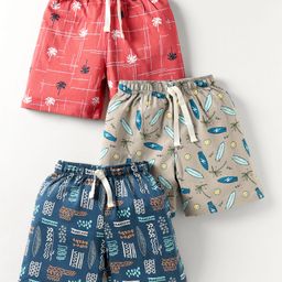 CUCUMBER Sinker Knit Above Knee Length Shorts With Beach Theme Print Pack Of 3 - Navy Blue Grey & Red-picture-7