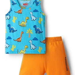 Babyhug 100% cotton Sleeveless Vests With Dino Print & Text Printed Shorts - Light Blue & Orange-image-34