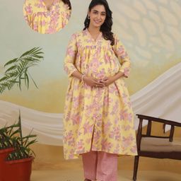 Ikk Kudi by Seerat Cotton Woven Three Fourth Sleeves Floral Printed Kurta With Nursing Access & Coordinating Pant Set - Yellow-image-6