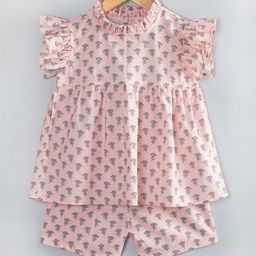 Hugsntugs Cotton Woven Frill Sleeves Floral Motifs Printed Top & Coordinating Shorts Set - Light Pink-image-81