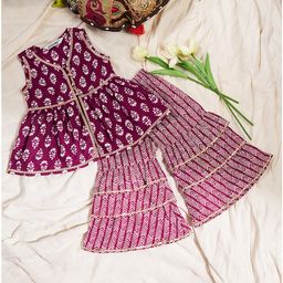 StyloBug Cotton Woven Sleeveless Floral Printed & Gota Lace Embellished Coordinating Kurti Sharara Set - Purple-picture-41