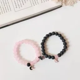 Sukhad Set Of 2 Beaded Heart and Half Moon Charm Elasticated Bracelets-39