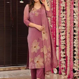 Brand Hill Floral Printed V-Neck Dupion Silk Straight Kurta With Trousers & Dupatta-picture-7