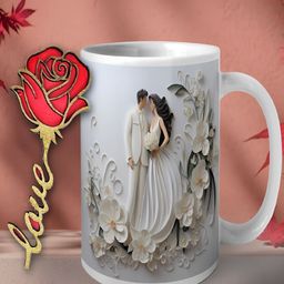 Phirki Studio White & Red 2 Pieces Printed Ceramic Glossy Mug 350ml & Wooden Rose Magnet-18