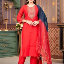 Sangria Girls Floral Yoke Design Sequined Pure Silk Straight Kurta With Trouser & Dupatta-image-80