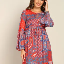 Murcia Ethnic Motifs Printed Tie-Ups Detail Fit & Flare Dress-image-11