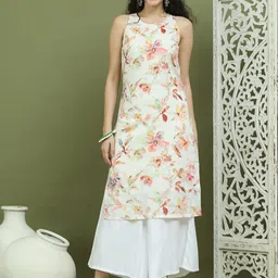 Jompers Floral Printed Sleeveless Round Neck Straight Kurta With Palazzos-37