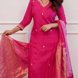 KALINI Floral Beads And Stones Embellished Notch-Neck Kurta With Trouser & Dupatta-picture-36