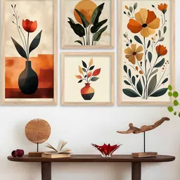 WALLLANE Brown 4 Piece Wood Floral and Botanical Wall Paintings-picture-24