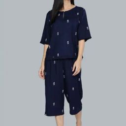 Chemistry Navy Embroidered Top With Capris Set-image-6