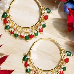OOMPH Red & Green Beads Large Ethnic Hoop Bali Earrings For Women-18