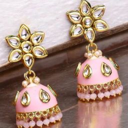 OOMPH Pink Meenakari Floral Jhumka Earrings Kundan Studded For Women-image-87