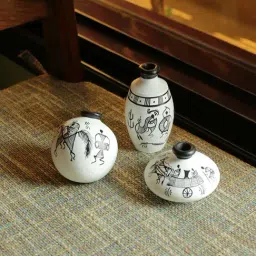 ExclusiveLane Terracotta Warli Handpainted Miniature White Pots Showpieces (Set Of 3)-0