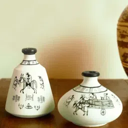 ExclusiveLane Terracotta Warli Handpainted Set Of 2 Pots Showpieces In White-image-60