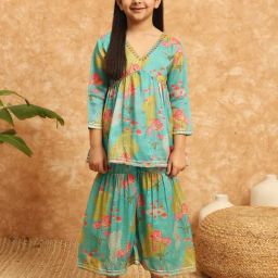 READIPRINT FASHIONS Kids Mint Green Printed Kurti with Gharara-image-12