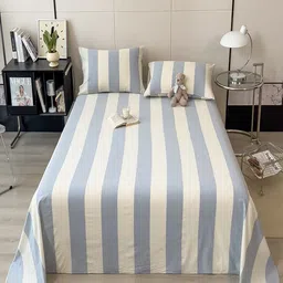JC HOME White & Blue Striped Pure Cotton 220 TC Queen Bedsheet Set 1.80 m x 2.30 m-image-94
