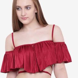 La Intimo Maroon Solid Ruffle Buffle Cold Shoulder Bra-picture-43
