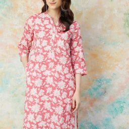 Melange By Lifestyle Coral Cotton Regular Fit Floral Print Kurta-43