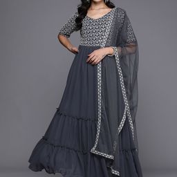 Libas Floral Embroidered Empire Sequinned Anarkali Kurta with Trousers & Dupatta-image-24