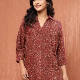 Fabindia Red Cotton Printed 3/4th sleeve Tunic-image-47