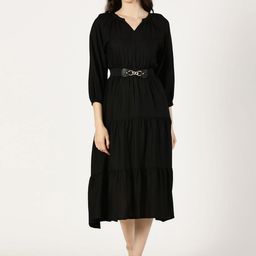 Saffron Threads Solid Puff Sleeve Fit & Flare Midi Dress-image-85