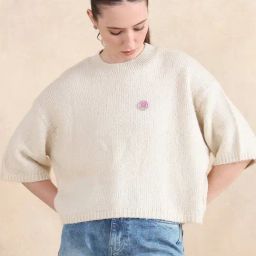 RAREISM Beige Acrylic Striped Short Sleeves Sweater-13