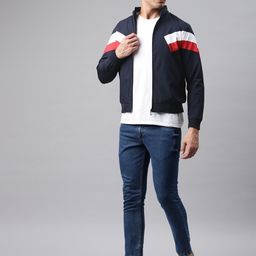 ADBUCKS Men Blue Striped Windcheater  Biker Jacket-image-67