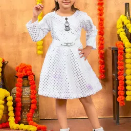 Sangria Girls Foil Printed Winter Woolen Dress With Belt-image-51
