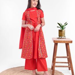Pine Kids Half Sleeves Kurti And Churidar Set With Jacket- Red-picture-20