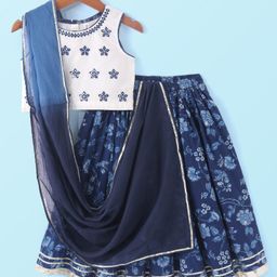 Babyhug 100% Cotton Sleeveless Choli With Lehenga And Dupatta Set Sequenced Embroidered & Floral Print - Navy Blue-image-43