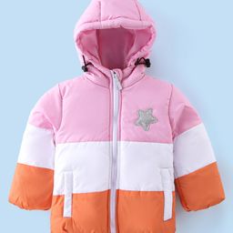Babyhug Woven Full Sleeves Hooded Jacket Solid Colour - Pink White & Orange-image-77