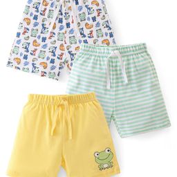 Babyhug Cotton Knit Shorts Striped & Frog Print Pack of 3 - Yellow Green &  White-image-2