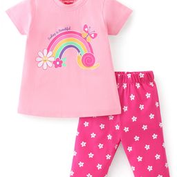 Babyhug Cotton Knit Half Sleeves Capri Night Suit With Rainbow Print - Pink-image-58