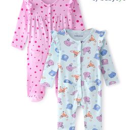 Babyoye Corton Knit Full Sleeves Sleepsuits With Animals & Polka Dots Print Pack Of 2 - Pink & Blue-image-25