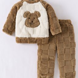 Kookie Kids Winter Wear Full Raglan Sleeves Night Suit With Bear Patch Design - Brown-image-53