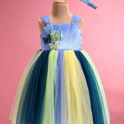 Enfance Sleeveless Butterfly Applique Detailed Net Dress With Headband - Blue-image-1