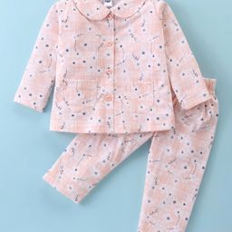 Teddy Sinker Knit Full Sleeves Collared Floral Printed Night Suit - Light Peach-picture-5