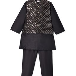 Babyhug Woven Full Sleeves Solid Colour Kurta Payjama Set with SequinnedEmbroidered Jacket - Black-image-34