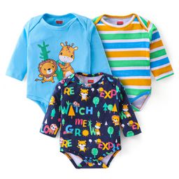 Babyhug Interlock Knit Full Sleeves Onesies With Animals Graphics Pack of 3 - Multicolour-image-64