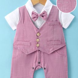 Mark & Mia Half Sleeves Solid Colour Party Romper with Attached Waist Coat & Bow - Pink-image-92