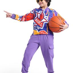 Ollington St. 100% Cotton Knit Full Sleeves Front Zipper Sweatshirt & Joggers Set With Basketball Print - Purple-image-86