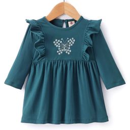 Zero Sinker Knit Full Sleeves Frock with Frill Detailing Floral & Butterfly Embroidery - Teal Blue-image-54