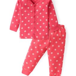 Babyhug Full Sleeves Front Open Thermal Wear Vest & Pant with Floral Print - Pink-image-63