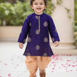 Babyhug Woven Full Sleeves Floral Embroidered Kurta with Dhoti Set - Navy Blue-picture-22