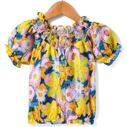 Babyhug Rayon Woven Half Puffed Sleeves Top Floral Print - Yellow-image-95