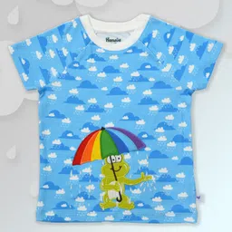 Pranava 100% Organic Cotton Half Sleeves Frog Embroidered Tee - Sky Blue-picture-6